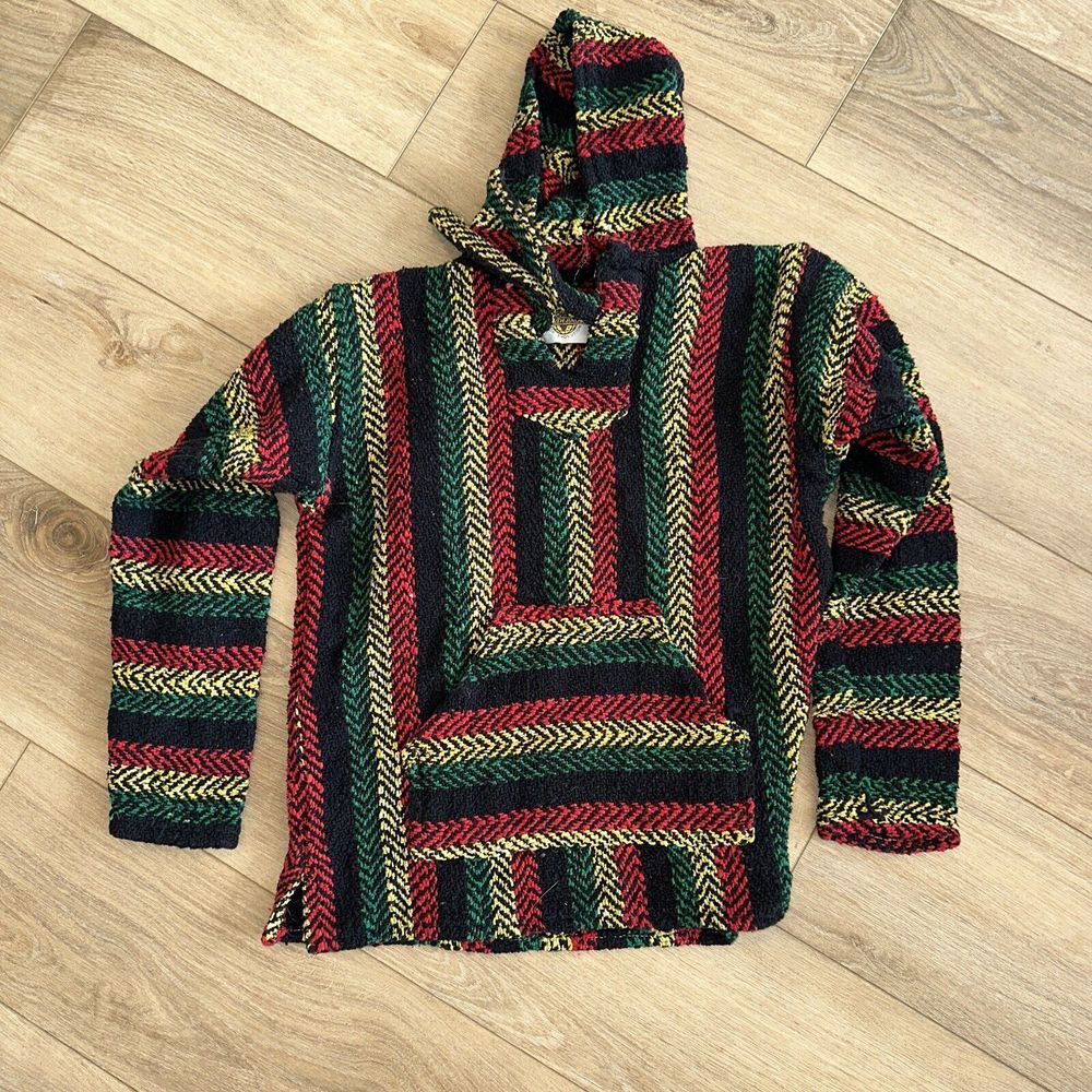 Earth Ragz Jamaican Style Pullover Woven Hooded Poncho Sweater Adult Size Small
